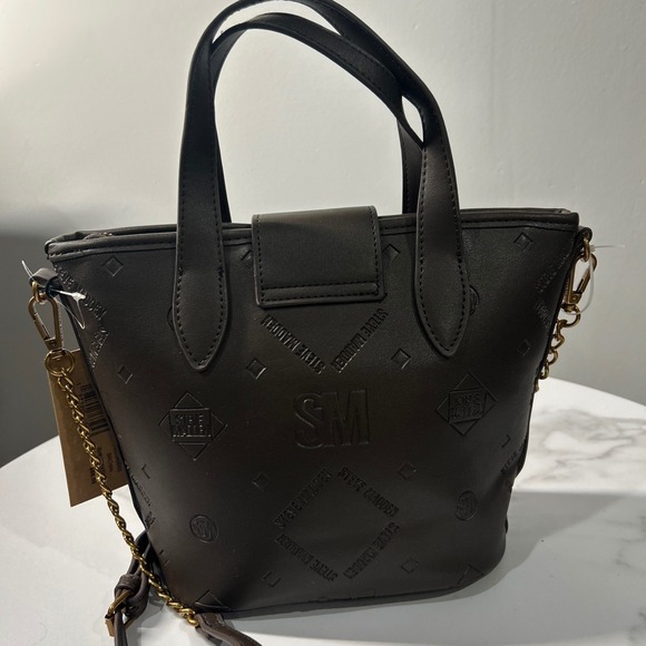 Steve Madden Satchel Bucket Bag Purse Brown Embossed Logo Chain Accent‎ - Picture 2 of 16